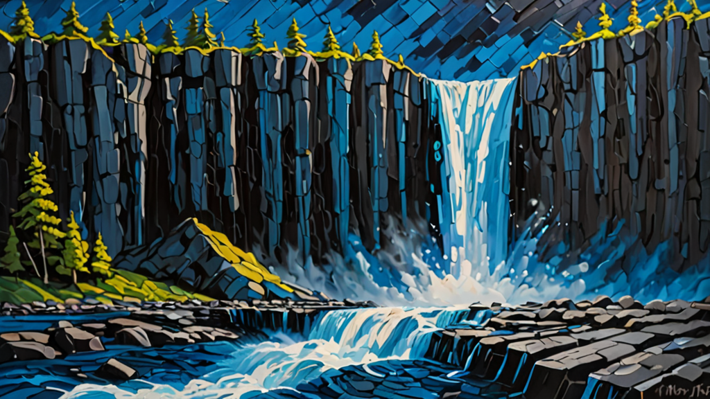 A massive waterfall of digital code cascading over a small, overwhelmed stone dam.