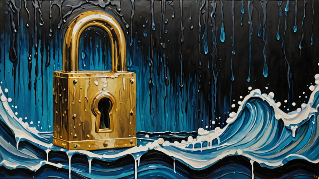 A heavy iron padlock on a glass door, where the lock is melting into a liquid stream of binary code.