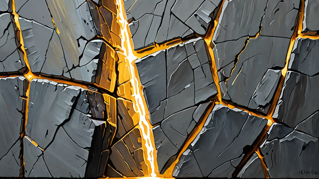 A massive stone wall with three distinct glowing cracks splitting through its center into a bright horizon.