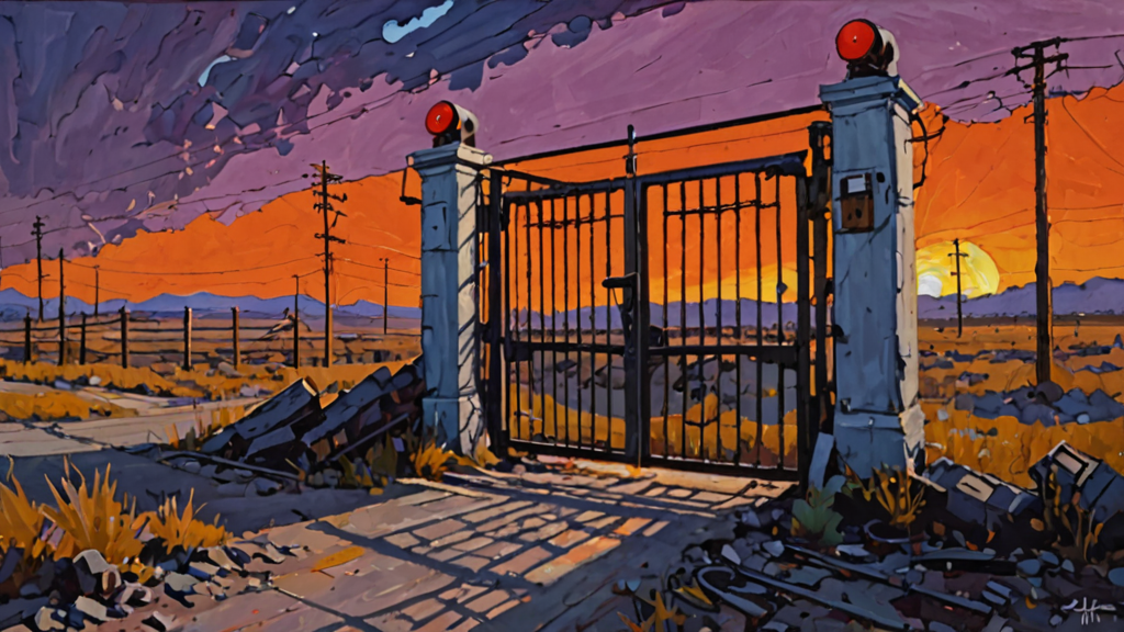 A heavy iron gate standing open in a field next to a closed digital circuit breaker.