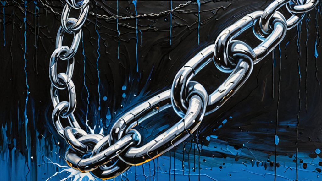 A heavy iron chain snapping in the middle, with links transforming into digital data streams.
