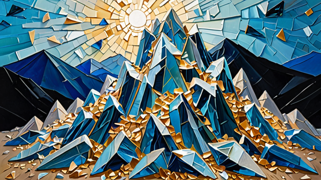 A vast mountain of translucent glass shards with only a few solid gold fragments visible at the base.