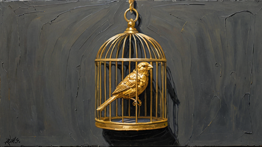 A golden birdcage with an open door, but the bars have grown inward to form a dense, restrictive knot.