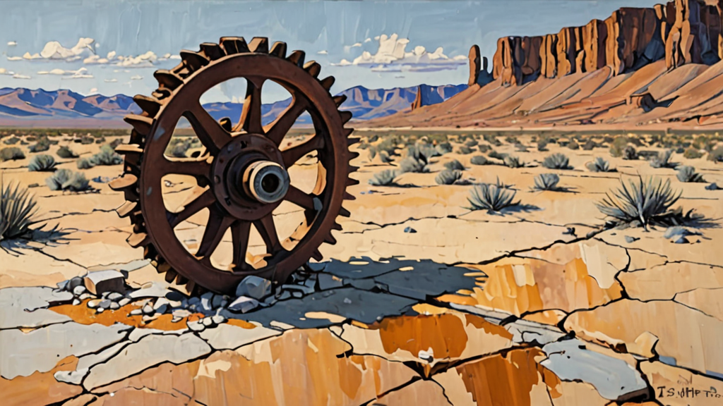 A barren, cracked earth field with a single, oversized metallic gear half-buried in the soil.