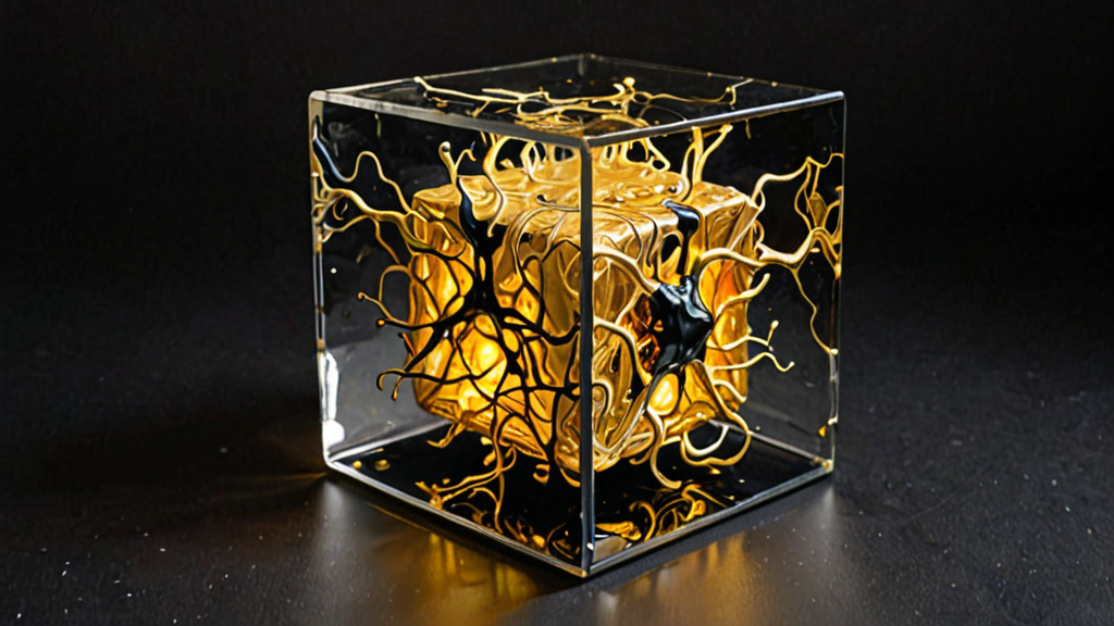 A translucent glass cube revealing a glowing, complex network of golden filaments inside a dark void.