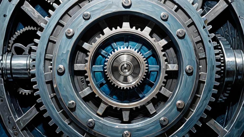 A single glass eye integrated into a complex network of metallic gears and circuitry.