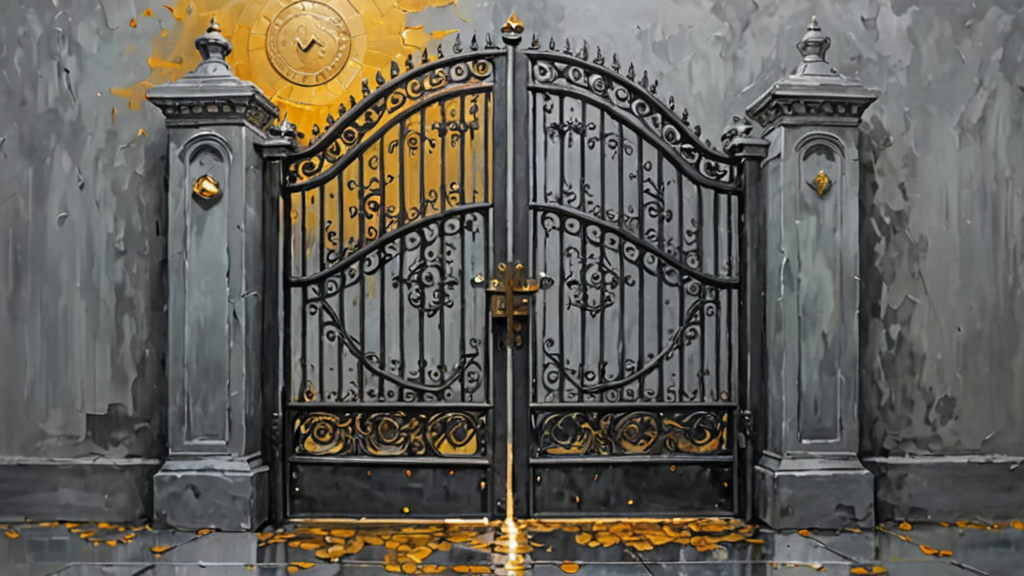 A heavy iron gate standing alone in a vast landscape, with a golden toll coin slot embedded in the lock.