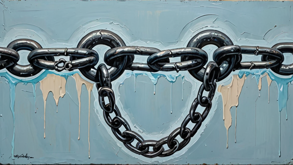 A heavy iron chain with one link made of translucent, fragile glass, symbolizing a systemic point of failure.