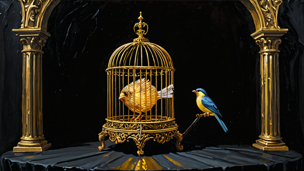 A heavy, ornate golden cage trapping a small, glowing circuit board inside.