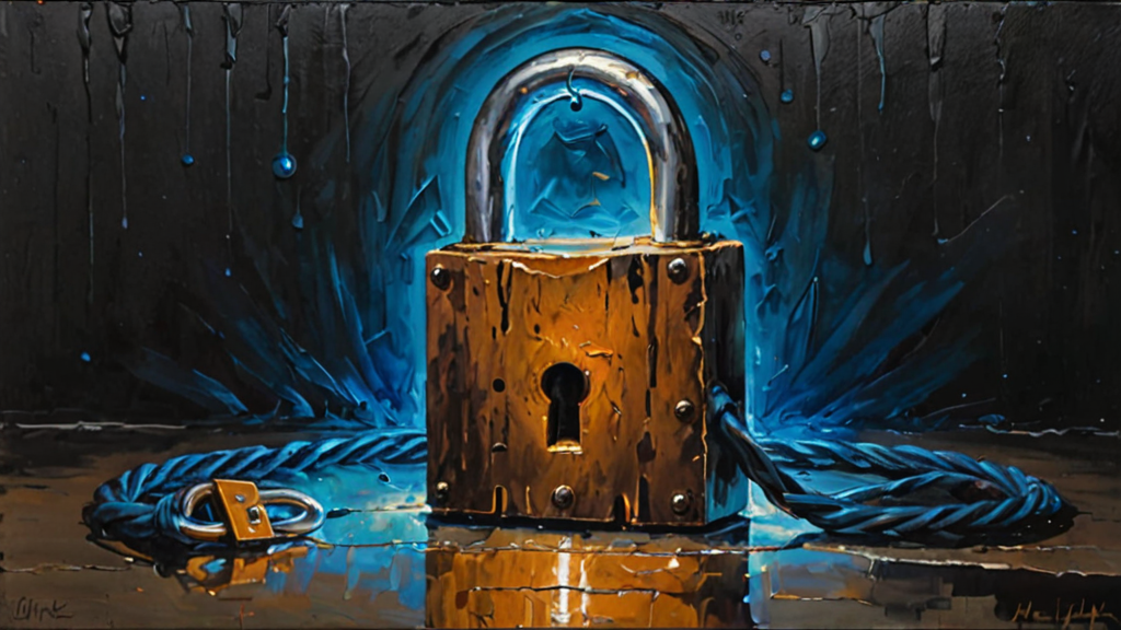 A heavy iron padlock securing a digital data stream, symbolizing the hostage-like nature of modern consent.