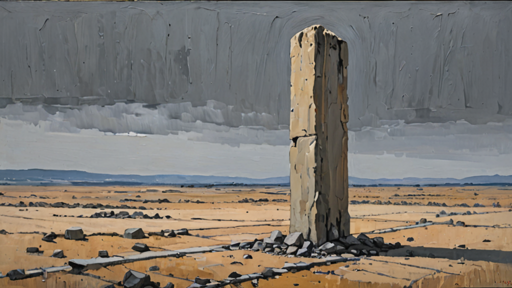 A single, crumbling stone pillar supporting a massive, floating concrete slab in a void.