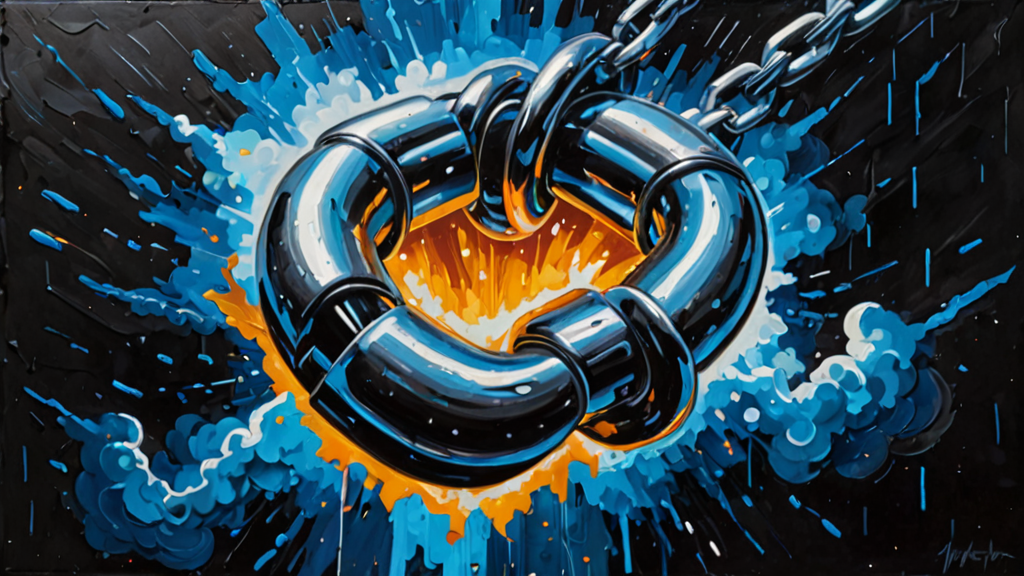 A heavy iron chain link snapping apart, with one end dissolving into digital pixels.