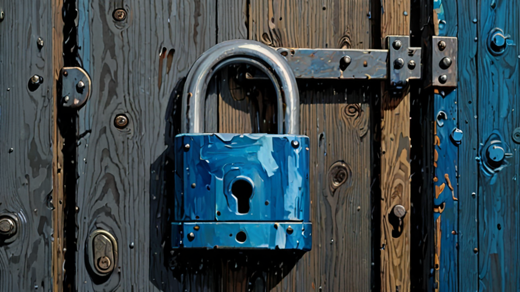 A heavy iron padlock on a door where the metal is dissolving into digital pixels.
