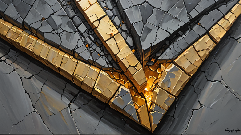 A complex golden geometric fractal floating above a crumbling stone foundation.