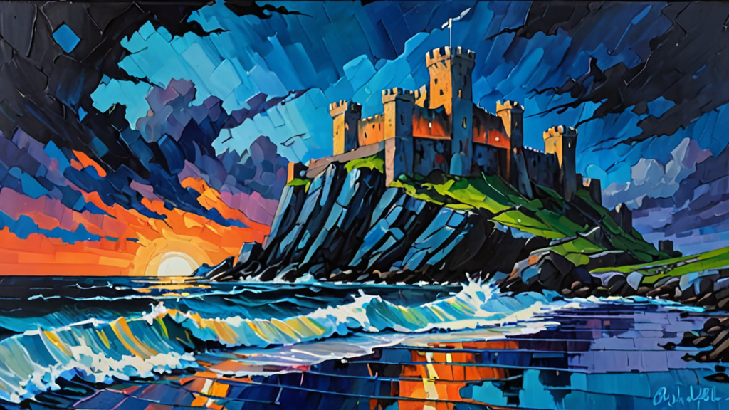 A crumbling stone fortress wall being overtaken by a rising tide of digital light.