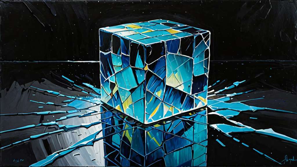 A shattered glass cube with glowing digital fragments leaking out into a dark void.