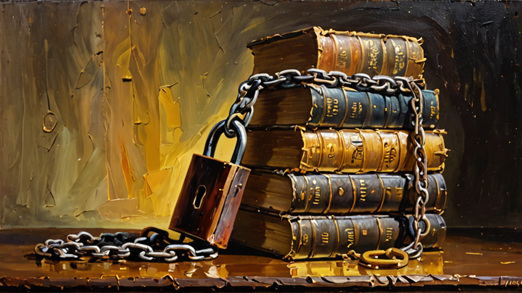 A heavy iron chain locking a massive stack of old books, symbolizing the legal cost of data acquisition.