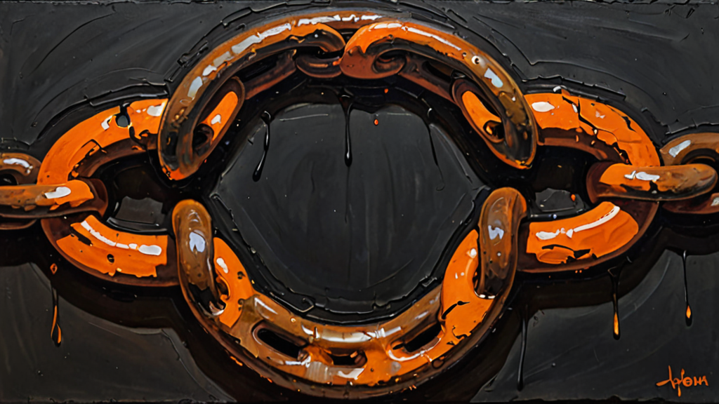 A heavy iron chain with one glowing, fractured link breaking under pressure.