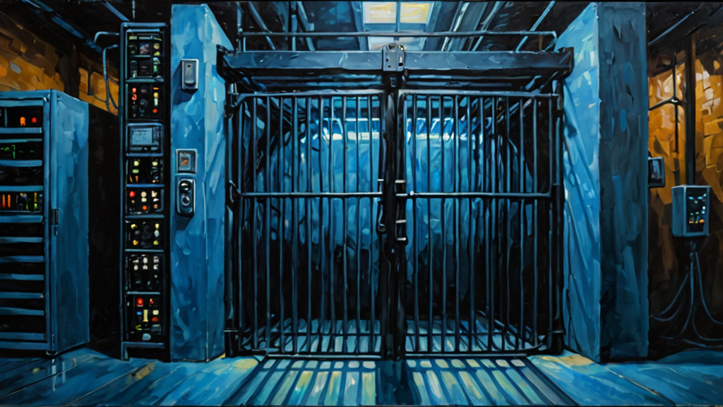 A heavy iron gate blocking a path to a digital server room, symbolizing safety filters hindering security forensics.
