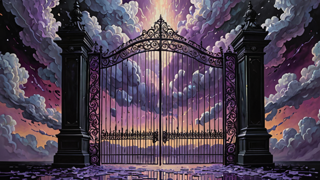 A heavy iron gate that is partially transparent and dissolving into digital pixels.