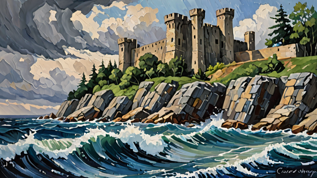 A crumbling stone fortress wall with water flowing through wide gaps in the masonry.