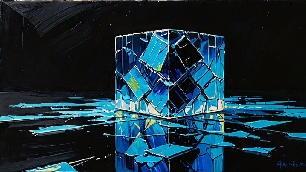 A shattered glass cube with glowing digital fragments spilling out into a dark void.