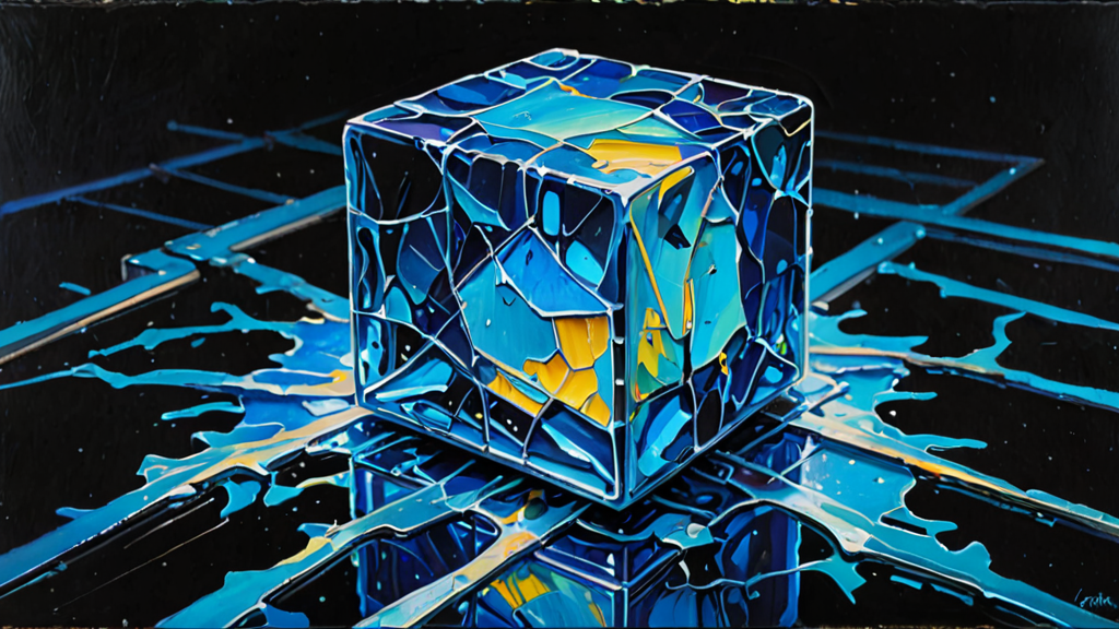 A cracked glass cube leaking glowing digital liquid into a dark, structured circuit board environment.