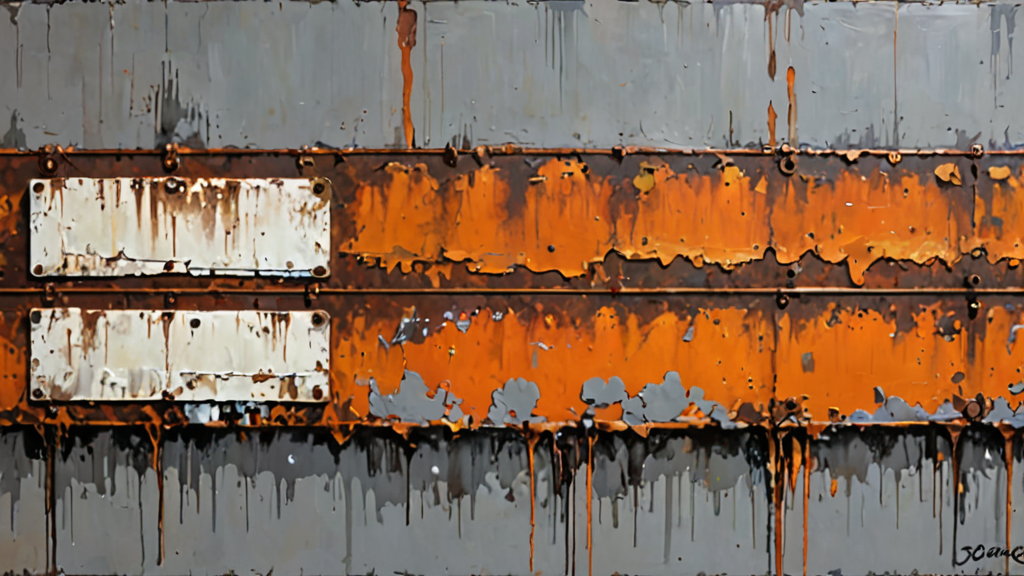 A fragile paper label peeling off a heavy industrial steel beam, symbolizing the gap between regulation and reality.