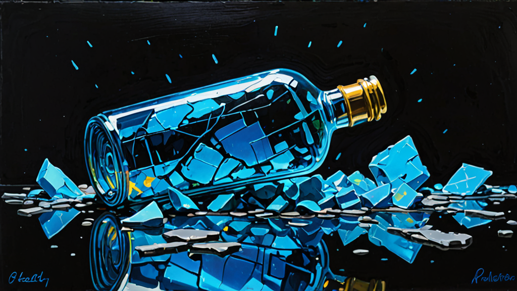 A shattered glass bottle lying on a dark surface with glowing digital fragments spilling out.
