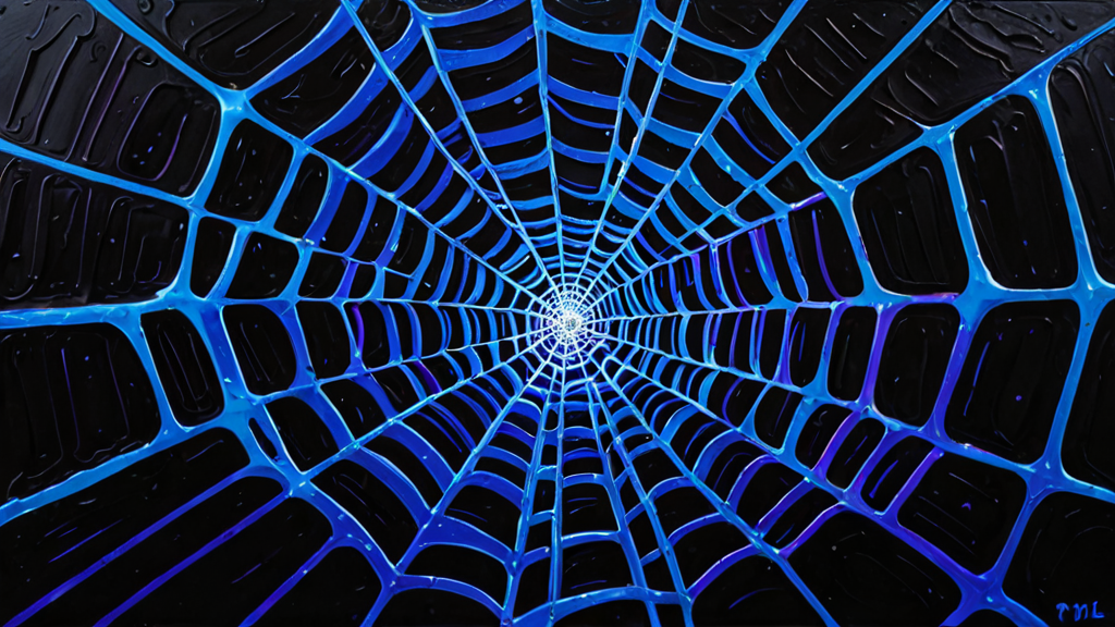 A single glowing circuit board shaped like a spiderweb extending across a dark digital void.