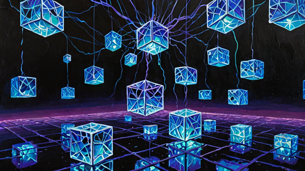 A network of glowing interconnected nodes forming a complex web across a dark digital void.
