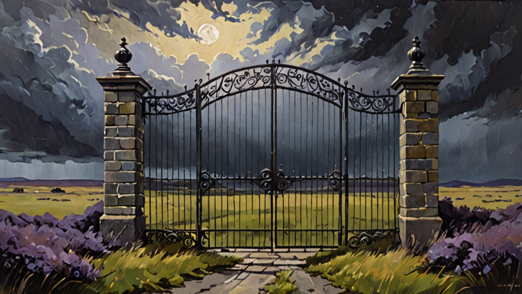 A heavy iron gate standing open in a vast, empty field under a stormy sky.
