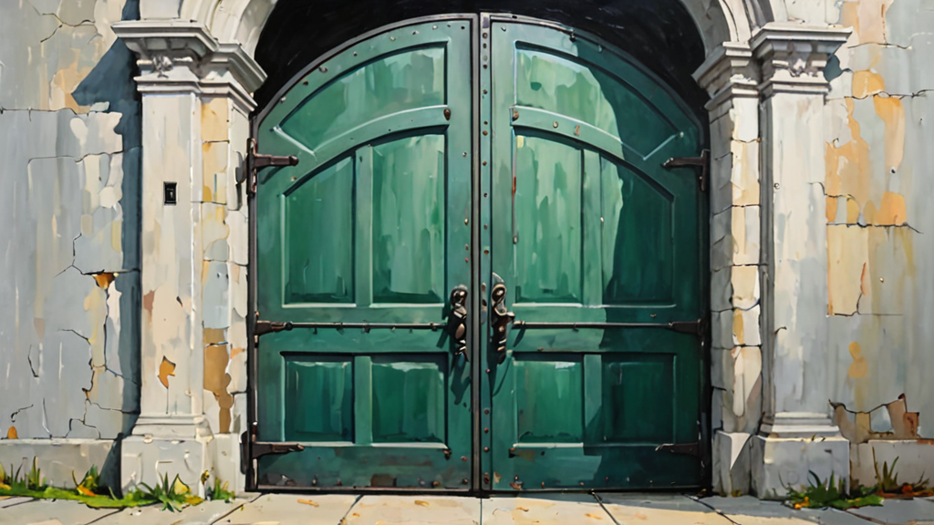 A heavy steel vault door and an open garden gate standing side by side in a void.