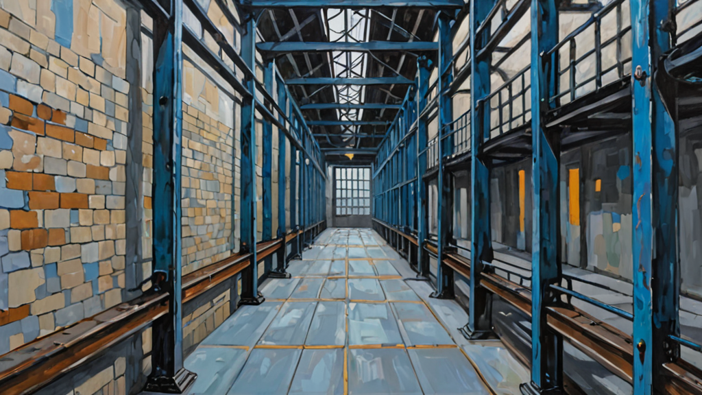 A heavy iron cage with bars that have morphed into a long, open hallway leading toward a bright horizon.
