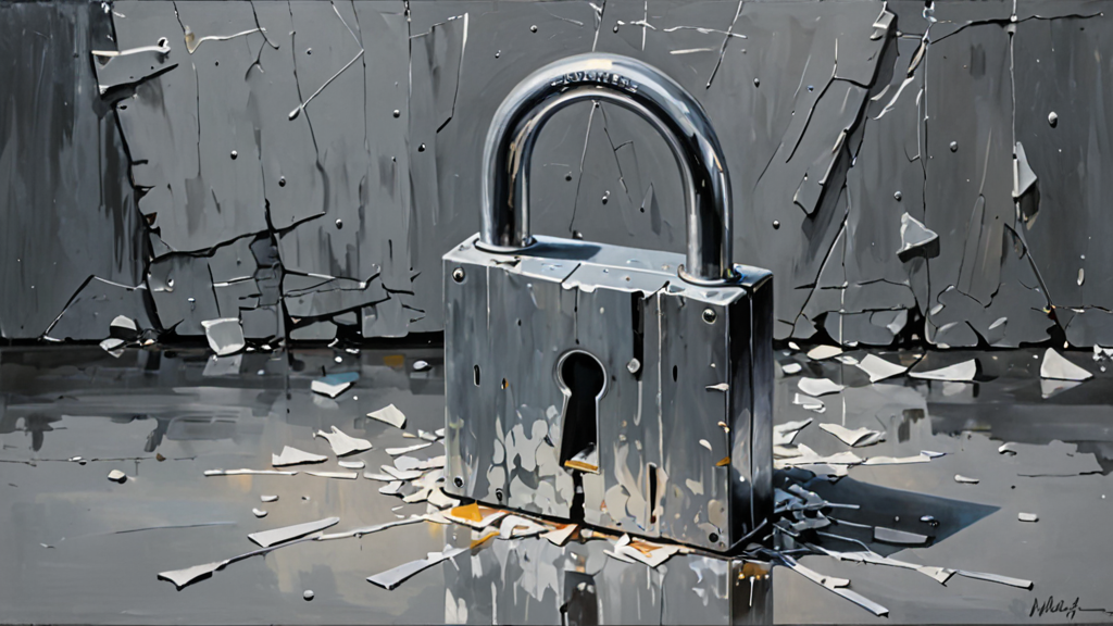 A heavy iron padlock made of translucent glass, shattering under its own weight.