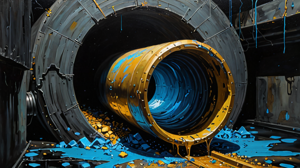 A large industrial drain pipe pulling in a stream of glowing digital data fragments.