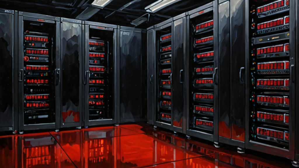 Three identical metallic server racks in a dark room, with red warning lights and severed cables connecting them.