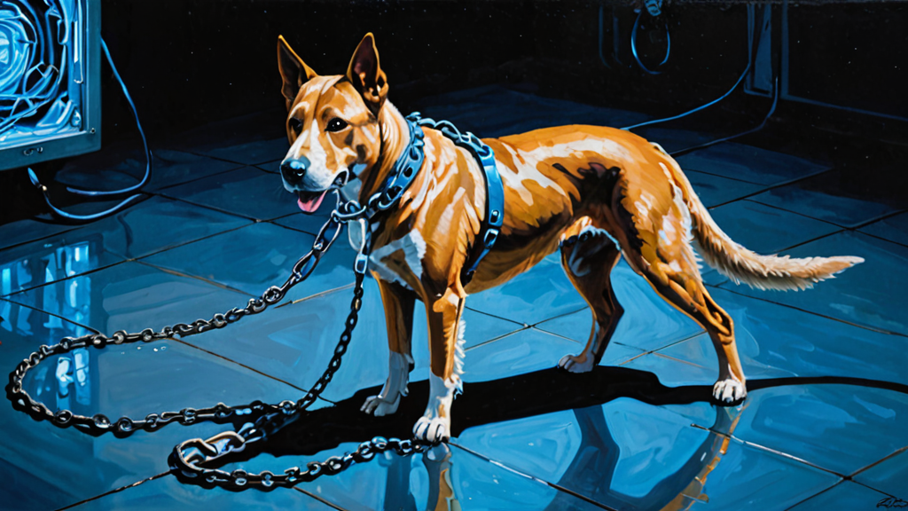 A heavy metal dog leash attached to a glowing circuit board.