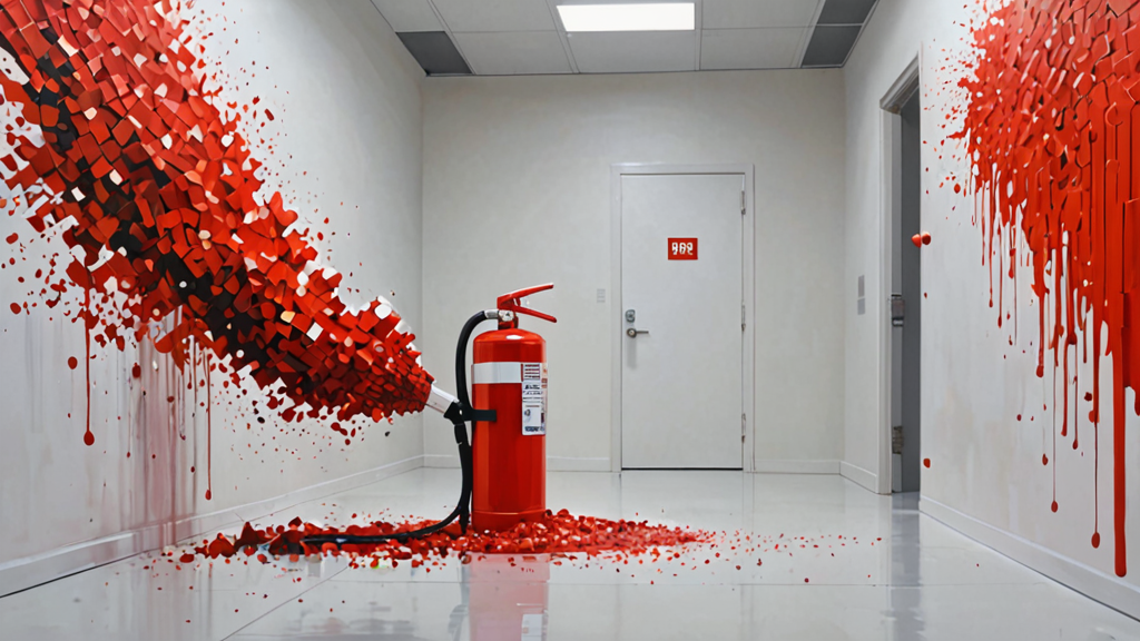 A red fire extinguisher dissolving into a cloud of digital pixels in a sterile white corridor.