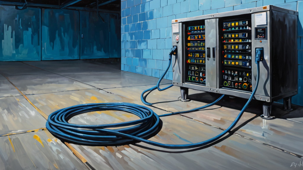 A disconnected heavy-duty power cable lying on a sterile laboratory floor next to a glowing server rack.