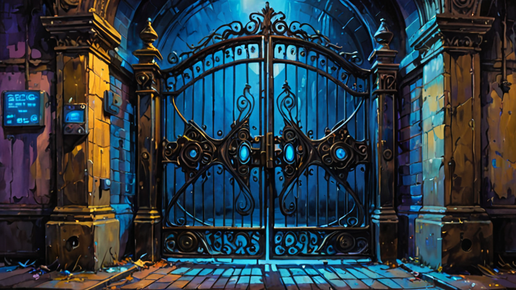 A heavy iron gate with a wide gap allowing a small, glowing digital key to slide through.