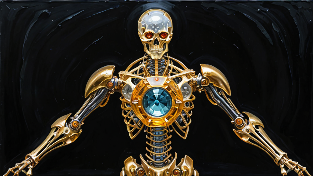 A glowing, intricate mechanical exoskeleton surrounding a simple, dormant crystal core.