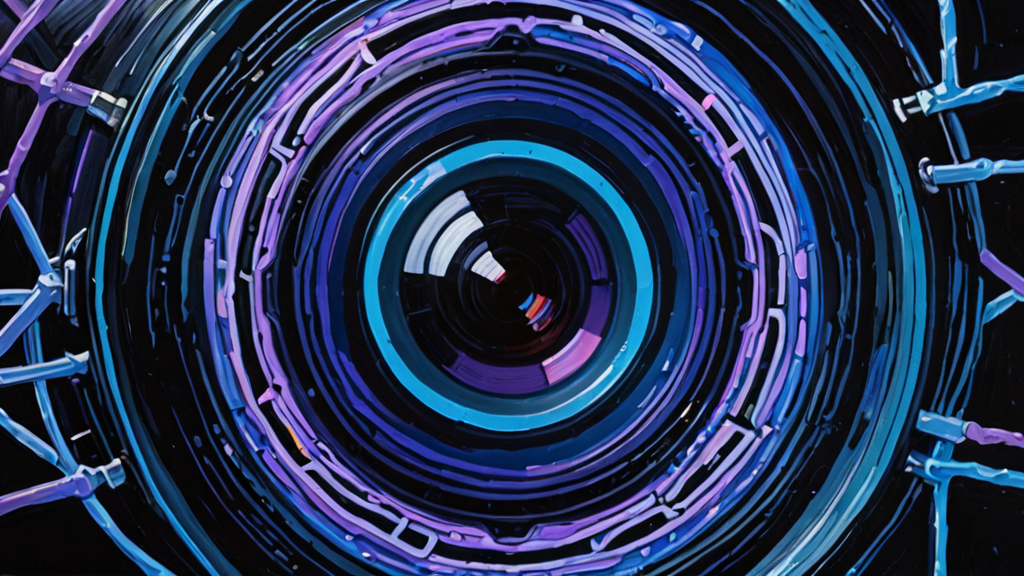 A single security camera lens reflecting a complex web of glowing digital connection lines.