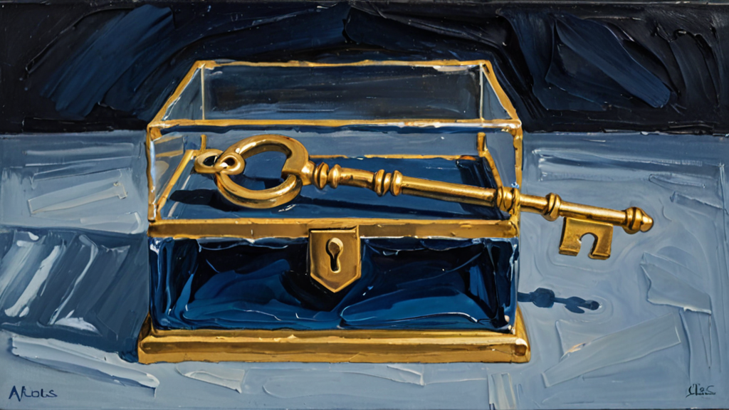 A golden key resting inside a transparent glass box with an open lid.