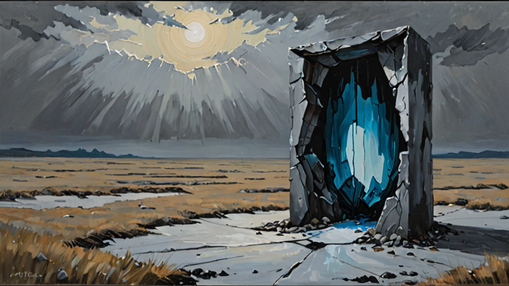 A thin glass wall standing in a vast open field, shattered at the base to reveal a deep abyss.