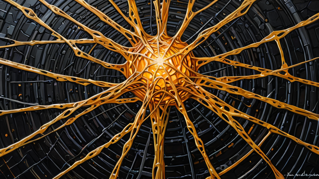 A glowing, complex web of interconnected digital nodes forming a hidden structure within a dark server room.