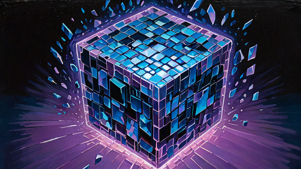 A glowing, translucent digital cube being reorganized into a structured crystalline grid in a dark void.