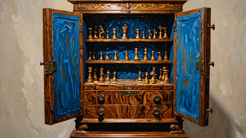 A vintage wooden automaton cabinet with a small open door revealing a glimpse of a modern computer circuit board.