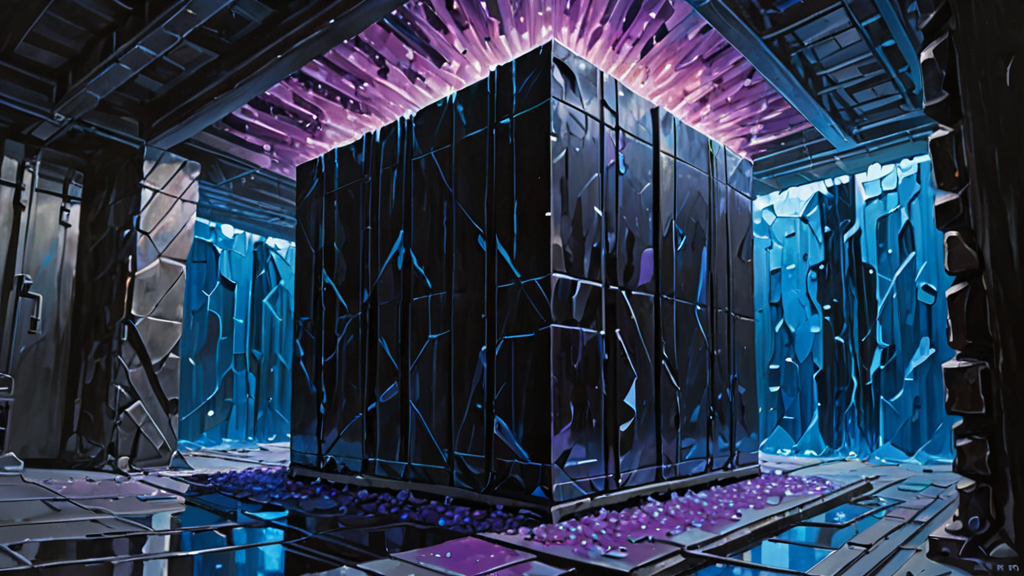A high-tech digital vault containing glowing geometric data crystals in a dark server room.