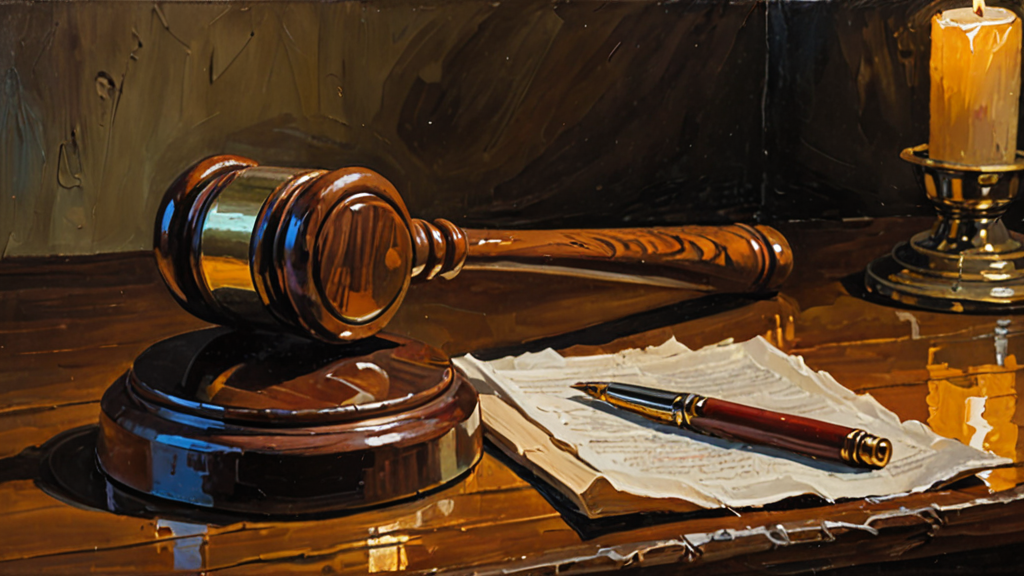 Oil painting of a wooden judge's gavel resting on its sound block beside a handwritten legal document, lit by candlelight.
